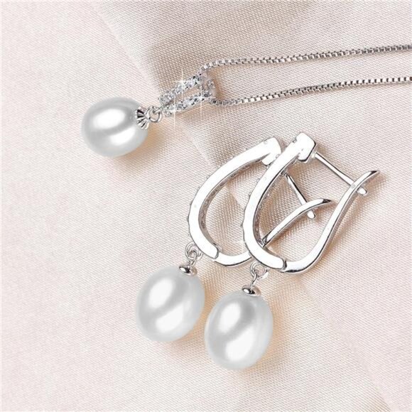 Minimalist Fresh Water Pearl Jewelry Set For with Cubic Zirconia Pendant Set - Picture 4 of 7